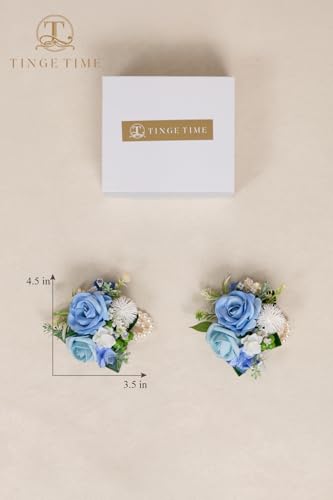 TINGE TIME Set of 2 Wrist Corsage Bracelets Pearl Wristlet Band Bridesmaid Bracelet for Wedding Ceremony Bridal Shower Wedding Artificial Flower Prom (Provence Blue) - color: Provence Blue