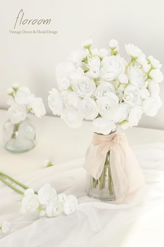 Floroom Ranunculus Artificial Flowers 18 Pcs White Faux Silk Mini Ranunculus Bulk Fake Wedding Filler Flowers for DIY Bouquets, Centerpieces, Bridal Shower Decorations & Arrangements - color: White
