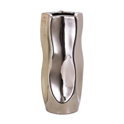Wave Ceramic Vase - Modern Silver Shiny Finish, Pentagon Shape for Dried Flower Arrangement for Living Room Bedroom Office Decor, Large, 11" H - size: Large, 11.2 inch