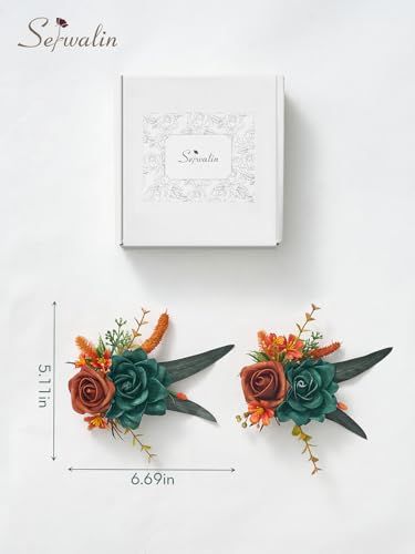 Serwalin 2 Pcs Boutonniere, 6-7 Inch Teal Orange Corsage for Wedding, Boutonniere for Men Groom and Best Man Prom Ceremony Anniversary Party Suit - color: Teal Orange, size: Boutonniere-2pcs