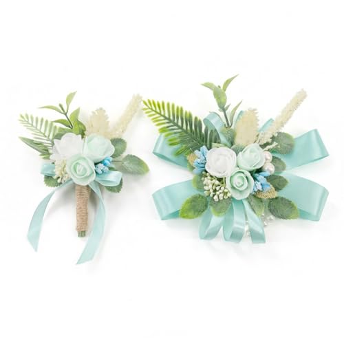 Turquoise White Corsage and Boutonniere Set Wrist Corsage Wristlet for Prom Groom Flower Boutonniere for Men Wedding Party Homecoming Accessories Suit - color: Turquoise White