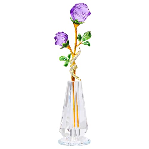 Arikyrist Purple Rose Flower Crystal Figurine with Vase, Handmade Bouquet Glass Flowers Ornament Rose Gifts for Wife Women, Crystal Flower Home Table Decor for Valentine Mother's Day Wedding - color: Purple 1