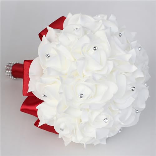 Wedding Bouquets for Bride, Bridal Flowers for Wedding, Bride Bridesmaid Hand Flowers Bridal Bouquet Crystal Diamond Silk Roses, Artificial Flowers Bouquet for Church Wedding Party (Red) - color: Red