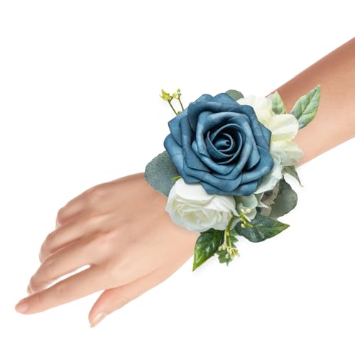 Set of 2 Wrist Corsage Wristlet for Wedding Bridesmaid Mother Grandmother for Bridal Shower Wedding Artificial Roses Flower Prom (Navy Blue) - color: Navy Blue