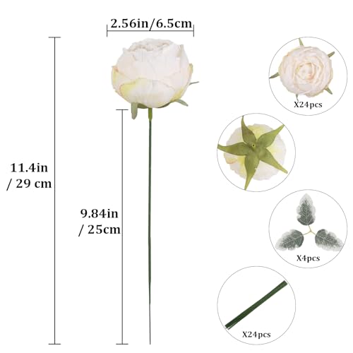 24PCS Ivory Peony Artificial Flowers 2.56" Fake Flower Heads Silk Peonies with Stems for Wedding DIY Bouquets Cake Party Home Decoration (Ivory) - color: Ivory