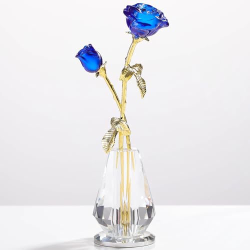 Arikyrist Crystal Rose Flowers Figurines Home Decor, Blue Glass Flowers with Stems, Collectible Figurines Crystal Rose Flower Gifts for Women on Mother's Day Valentine - color: Blue