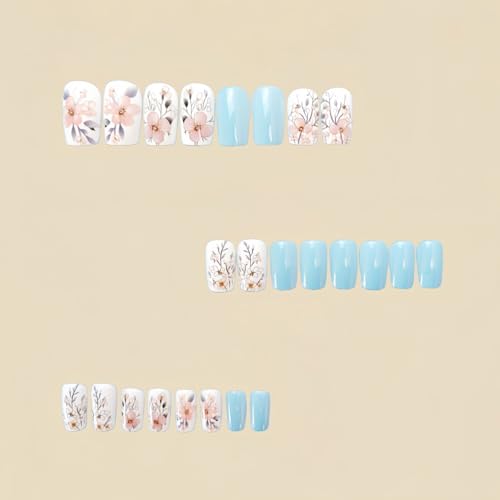 Flower Press on Nails Short Square Fake Nails Blue False Nails with Pink Floral Designs Glossy Full Cover Stick on Nails Glue on Nails Flower Nails Acrylic Nails for Women Girls 24 Pcs - color: Flower Square22
