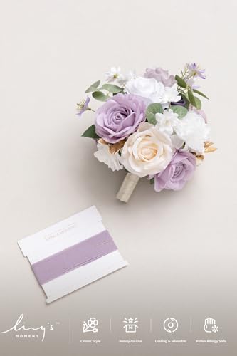 Ling's moment Light Purple Artificial Wedding Flower Bouquets for Bridesmaids White Floral Bouquet Lilac Bridal Bouquets for Bridesmaids with Ribbon Ceremony Anniversary,7-inch Diameter - color: Prpl-gold & Lilac