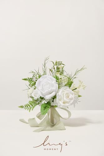 Ling's moment Lily White Artificial Wedding Flower Bouquets for Bridesmaids Floral Bouquet 7 Inch Bridesmaid Bouquets with Ribbon Ceremony Anniversary,7-inch Diameter - color: Wht-lily of the Valley White