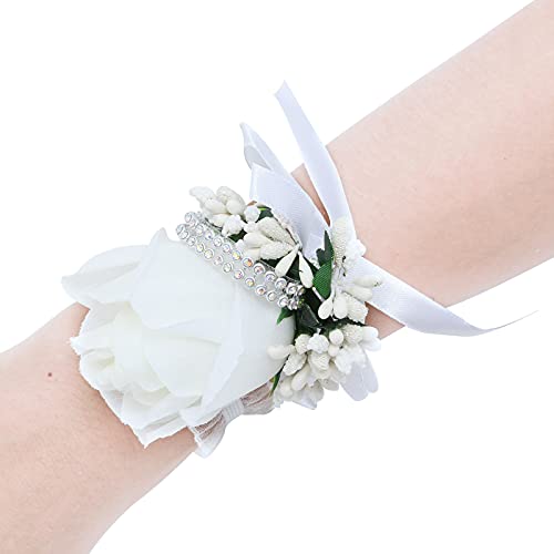 Wrist Corsage Boutonniere Set, Artificial Rose Bridesmaid Bride Wrist Corsage and Groom Men Boutonniere for Wedding Party Prom (Boutineer Corsage- White, 6 PCS) - color: Boutonniere Corsage- White, size: 6 Packs