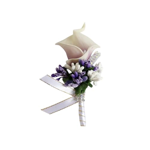White Purple Calla Lily Boutonniere for Men Wedding with Pins, Artificial Flower Groom Groomsman Boutonniere for Wedding Prom Party Homecoming Ceremony Anniversary Suit Decor (1, White Purple) - color: White Purple
