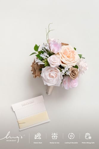 Ling's moment Pink Artificial Wedding Flower Bouquets for Bridesmaids Blush Floral Bouquet Bridal Bouquets for Bridesmaids with Ribbon Ceremony Anniversary,7-inch Diameter - color: Pk-sand Beige