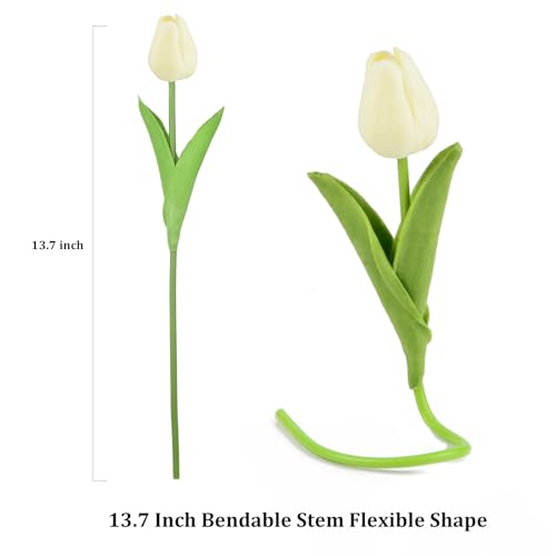 Artificial Tulips Bridal Wedding Festival Decor Bouquet Real Touch PU Flower Bouquet Pack of 20 (Off-White) - color: Off-white