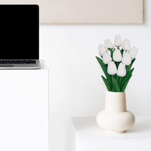 White Flowers Fake Tulips Artificial Flowers, 13 Inch Real Touch Tulip PU Flowers for Decoration, Vase, Mother's Day Easter Valentines Gifts 10 Pcs - color: White