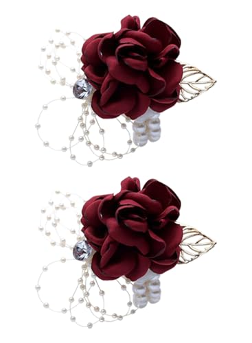 Bridesmaid Wrist Corsage Bridal Silk Wrist Flower with Faux Pearl Bead Stretch Bracelet Wristband Gold Leaf for Wedding Prom Hand Flowers Decor - color: Wine Red, size: Pack of 2