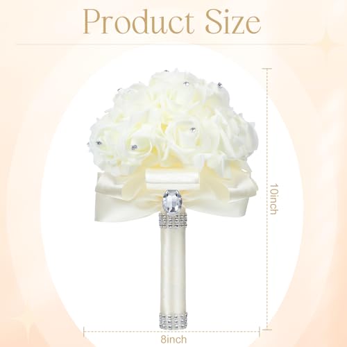 Jutom 10 Pack Wedding Bouquets for Bride Roses Bridesmaid Bouquet Bridal Bouquet Flowers Wedding Hand Holding Bouquet with Diamond Soft Ribbons for Engagement Bridal Shower Church Party (Cream) - color: Cream