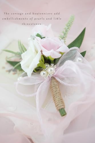 Pink Corsage and Boutonniere Set for Wedding Prom, Artificial Rose Flower Homecoming Corsage Wristlet, Boutonniere for Men Wedding Suit Decor - color: Pink
