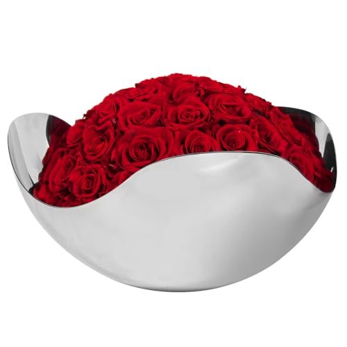 JoyFlower Preserved Roses in Stainless Steel Bowl Style Tray, Eternal Flowers Table Centerpiece for Home Decor, Dining Table, Living Room, Wedding, Anniversary, Luxury Floral Arrangement(Large, Red) - color: Red, size: Large