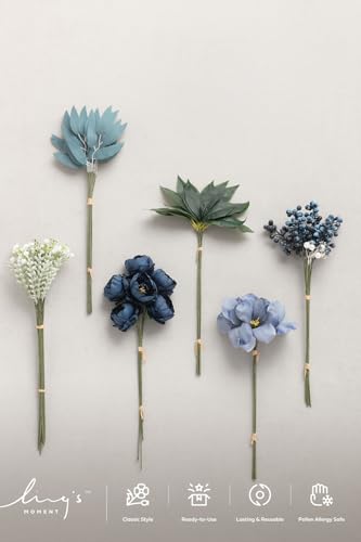Ling's moment Artificial Greenery Stems Box Set, 59pcs with 8 Kinds of Faux Greenery Picks for DIY Bridal Bouquets Wedding Floral Arrangement Table Centerpieces, Dark Green & Navy - color: Blu-dark Green & Navy