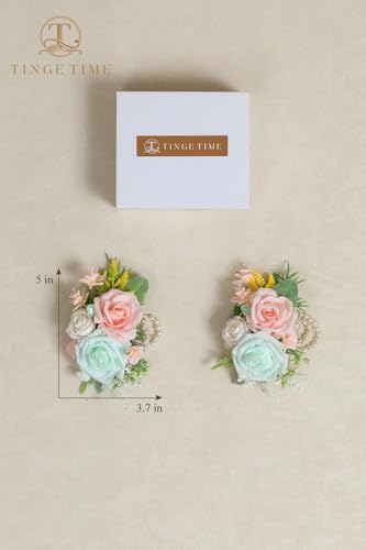 TINGE TIME Set of 2 Wrist Corsage Bracelets Pearl Wristlet Band Bridesmaid Bracelet for Wedding Ceremony Bridal Shower Wedding Artificial Flower Prom (MintGreen&Pink) - color: Mint Green & Pink