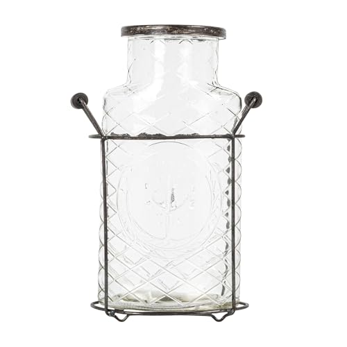 Creative Co-Op Glass vase in Metal Stand with Metal Frog Lid - size: Large