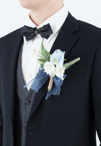 Light Blue Corsage and Boutonniere Set for Wedding Prom, Artificial Rose Flower Homecoming Corsage Wristlet, Boutonniere for Men Wedding Suit Decor - color: Light Blue