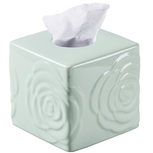 Light Green Ceramic Cube Tissue Box Cover with Rose – Large Elegant Rose Floral Square Decorative Tissue Box Holder for Bathroom, Bedroom, Office Desk, Kitchen Counter – Perfect Housewarming Gift - color: Light Green