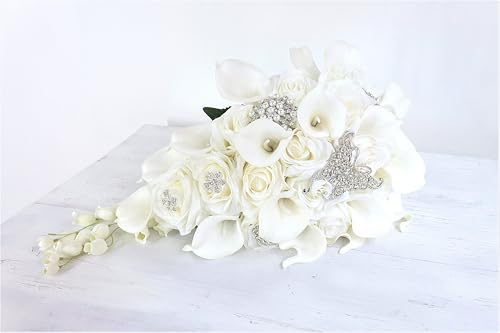 Ansuma White Calla Lily and Rose Cascading Bride Bouquet Waterfall Wedding Flower - Lily Rhinestone Jewelry Brooches and Satin Ribbon Décor (White) - color: White