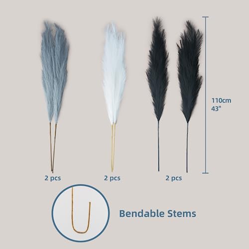 Pampas Grass Decor Tall, 43"/110cm Faux Pampas Grass 6 Stems Large Pompass Grass Branches Tall Bulk Boho Flower Arrangement for Home Room Wedding Party Decor - color: Black& White& Light Gray