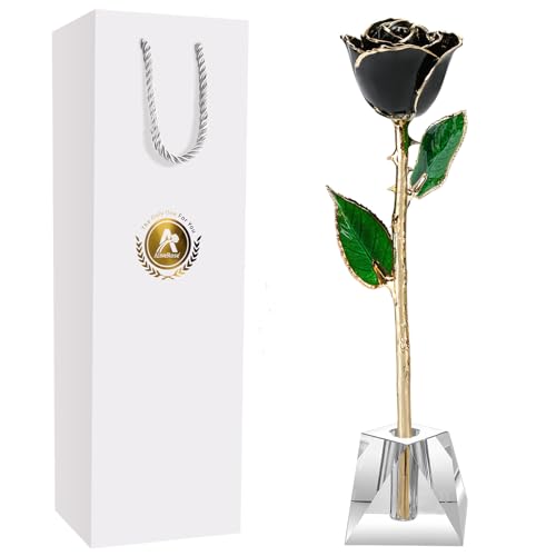 AliveRose Anniversary Day Gift for Girlfriend Roses, Unique Design Gold Plated Rose for Anniversary Valentines Mothers Day Birthday Gifts (Balck Handmade with Crystal Vase) - color: A8. Black Handmade Rose White Crystal Vase