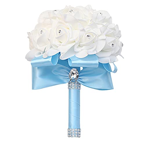 Yoanshop Wedding Bouquets for Brides or Bridesmaids Crystal Silk Roses Bridal Bridesmaid Wedding Hand Bouquet Artificial Fake Flowers (Light Blue) - color: Light Blue