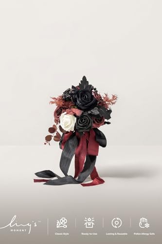 Ling's moment Wedding Artificial Flowers Package, Bridal Bouquet, Bridesmaid Bouquets, Boutonniere for Men, Rose Petals.Black Baccara Red - color: Red-black Baccara & Red