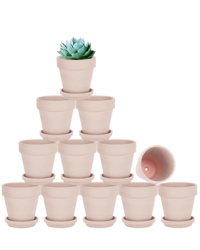 vensovo 3 inch Pink Terracotta Clay Pots for Plants with Saucer - 12 Pack Small Terra Cotta Planter Great for Garden Windowsill Indoor & Outdoor Wedding Favors Gifts - color: Pink