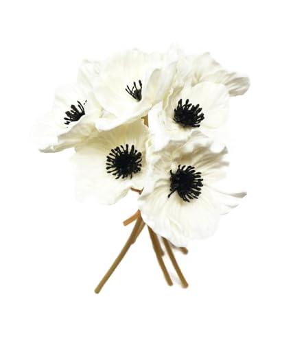 Floral Kingdom Real Touch White Anemone Bouquet - 10" Artificial Flowers for Home Decor, Weddings, Easter | Bendable Stems with Black Centers (7 Pack, Latex) - color: White