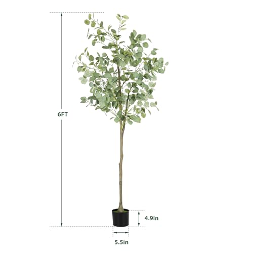 Artificial Eucalyptus Tree,6Ft Tall Fake Potted Tree Silk Faux Eucalyptus Tree with Plastic Nursery Pot, Artificial Plants for Home Office Indoor Decor - size: 6ft