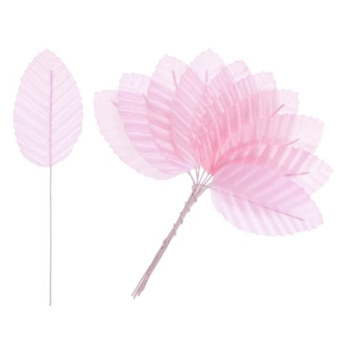 M METERXITY 100-Pack Artificial Silk Leaf, Faux Wire Single Leaves, Fake Flower Leaf with Stem for DIY Bouquet/Wreaths/Wedding/Garland/Party Decorations, Fake Rose Craft Leaves [Pink] - color: Pink