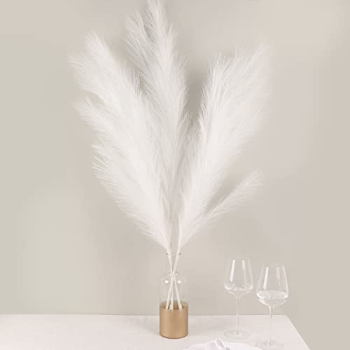 Tableclothsfactory 3 Stems | 44" White Artificial Pampas Grass Plant Sprays, Faux Branches Vase Flower Arrangement - color: White