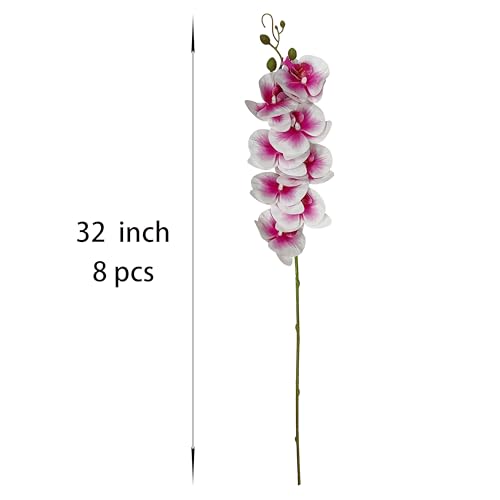 ATFL 8 Pcs 32'' Pink and White Edge Orchid Artificial Flowers Real Touch, Artificial Fake Faux Silk Orchid Stem Bouquets for Wedding Party Home Garden Decor (excluding the Pot) - color: Pink+white Edge