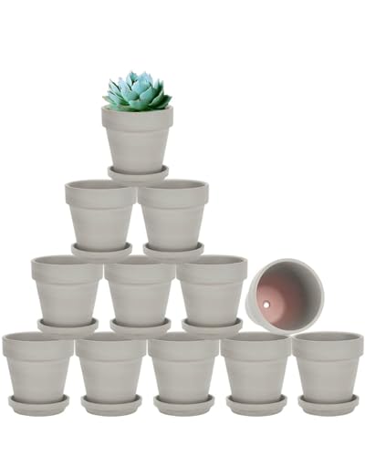 vensovo 3 inch Grey Terracotta Clay Pots for Plants with Saucer - 12 Pack Small Terra Cotta Planter Great for Garden Windowsill Indoor & Outdoor Wedding Favors Gifts - color: Gray