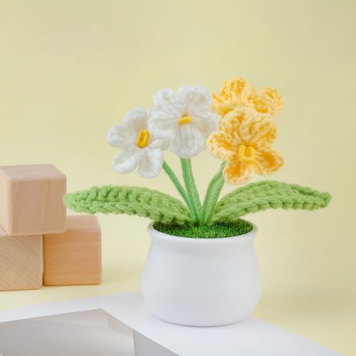 Blync Knitting Crochet Flowers Potted Plants, Fake Forget Me Not Flowers for Friends, Family and Lover, Artificial Handmade Flowers for Valentines Birthday Wedding Gift and Home Decor (Gyellow) - color: Gyellow