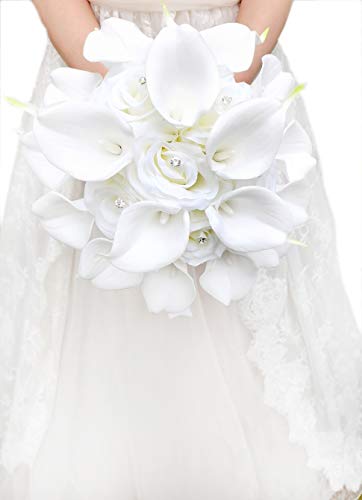 YIFUwedding Bridal Wedding Rose Calla Lily Bouquet Party Decoration Artificial Flowers Bridal Bouquet 9 inch Wedding Bouquet (White)