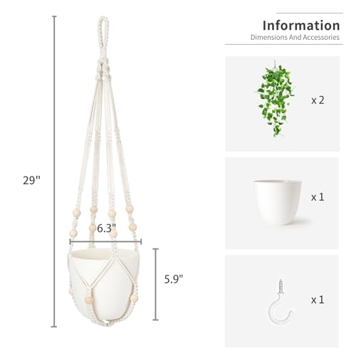 Mkono Fake Hanging Plant with Pot, Artificial Plants for Home Decor Indoor Macrame Plant Hanger with Fake Vines Greenery for Bedroom Bathroom Kitchen Office Decor, Ivory (Pothos) - color: Ivory