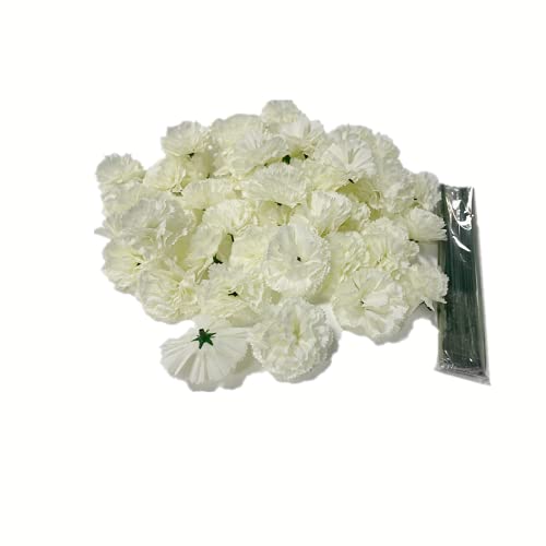 Rikyo 50 Artificial Silk Carnation Flower Head with Stems Set,Vase Fillers, for Home Bridal Wedding Party Birthday Cake Ornaments,DIY Wrist Corsage,2" Petals Heads with 8" Stems (White) - color: White
