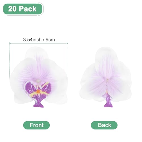 M METERXITY 20-Pack Artificial Orchid Flower Heads, Silk Faux Butterfly Flowers Head for Wedding/Bouquet/Bridal/Party Decor, Fake Phalaenopsis Petals Bulk [3.54 Inch, White Purple] - color: White Purple, size: 3.54 Inch