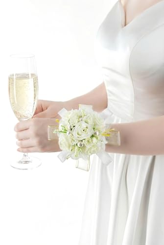 Ivory Rose Corsage and Boutonniere Set, Prom Flower Wrist Corsage Wristlet Band Bracelet, Boutonniere for Men White Wedding Flowers Accessories Prom Suit Decorations - color: Ivroy White