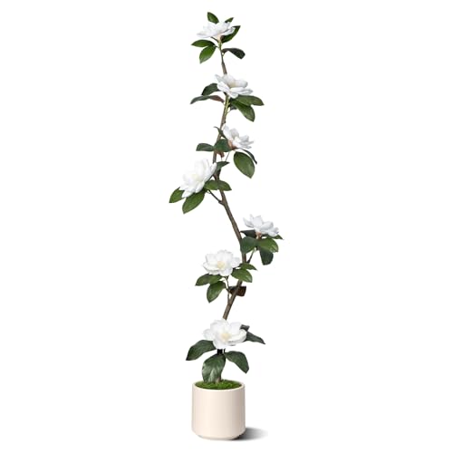 Rubber Tree 4.6 FT Artificial Magnolia Tree in Planter Pot, Faux Plants Indoor Faux Floor Plant Artificial Plants with 7 Pcs Calla Lily Flowers for Home Office Living Room Decor Indoor - color: Rubber Tree White
