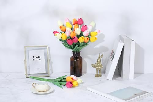 SITUMEIZI Fake Flowers Tulips Artificial PU Flower 15pcs Real Touch 14" for Spring Easter Home Kitchen Wedding Bouquet Bulk Mother's Gift Day Decorations(Multicolor,5-1) - color: Rose Red,sunset Red,beige,light Pink,yellow