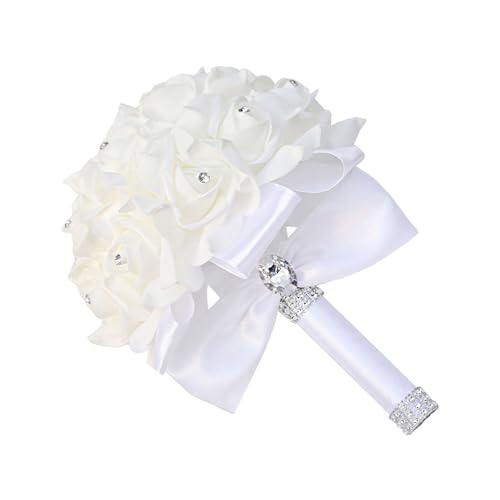 Wedding Bouquets for Bride, Bridal Flowers for Wedding, Bride Bridesmaid Hand Flowers Bridal Bouquet Crystal Diamond Silk Roses, Artificial Flowers Bouquet for Church Wedding Party (White) - color: White