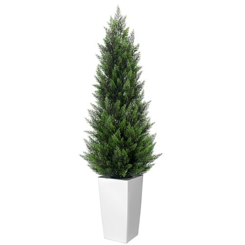 5FT Tall Artificial Cedar Topiary Tree with Compact Pyramidal Shape, Realistic Faux Cypress in Square White Pot with Fillable Water Bag, Outdoor Evergreen for Front Porch Garden Home Decor - color: White-pyramid Topiary, size: 5ft-1pack