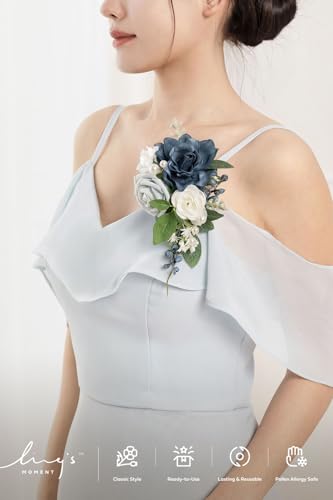 Ling's moment 2pcs Prom Wrist/Shoulder Corsage Artificial Flower, Girl/Mother Homecoming/Wedding Corsage Wristlet Décor, etc. Navy Blue Dusty Blue - color: Blu-navy Blue & Dusty Blue
